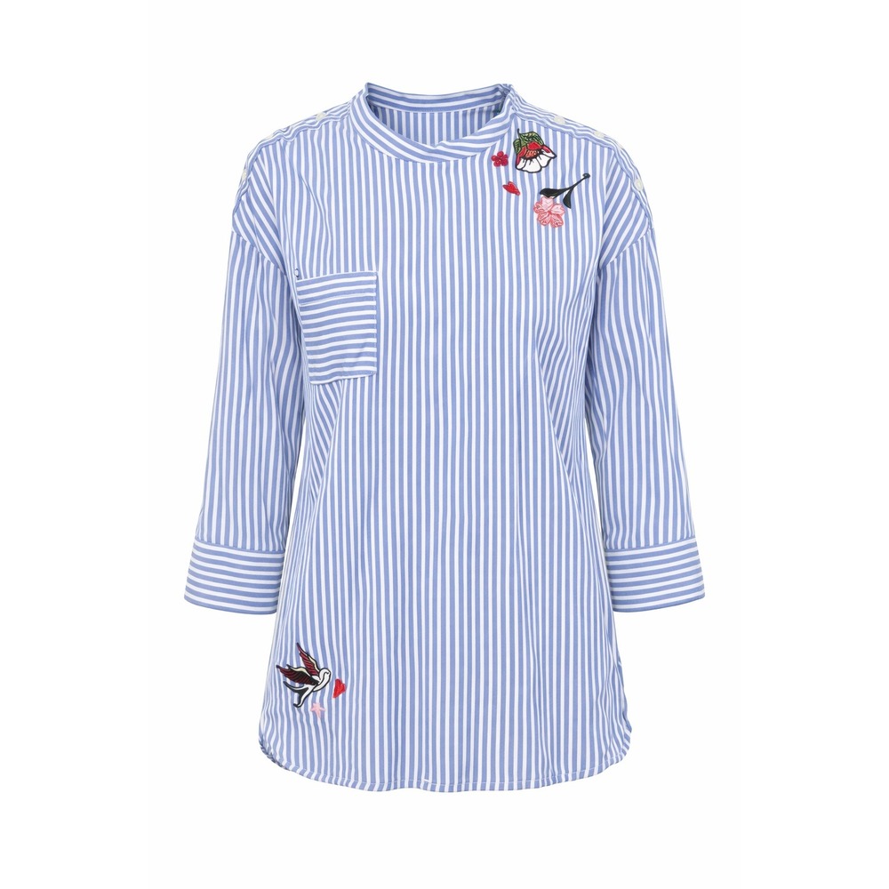 Juanita Jo Striped Embroidered Top Bell Cuff Blue White Size M